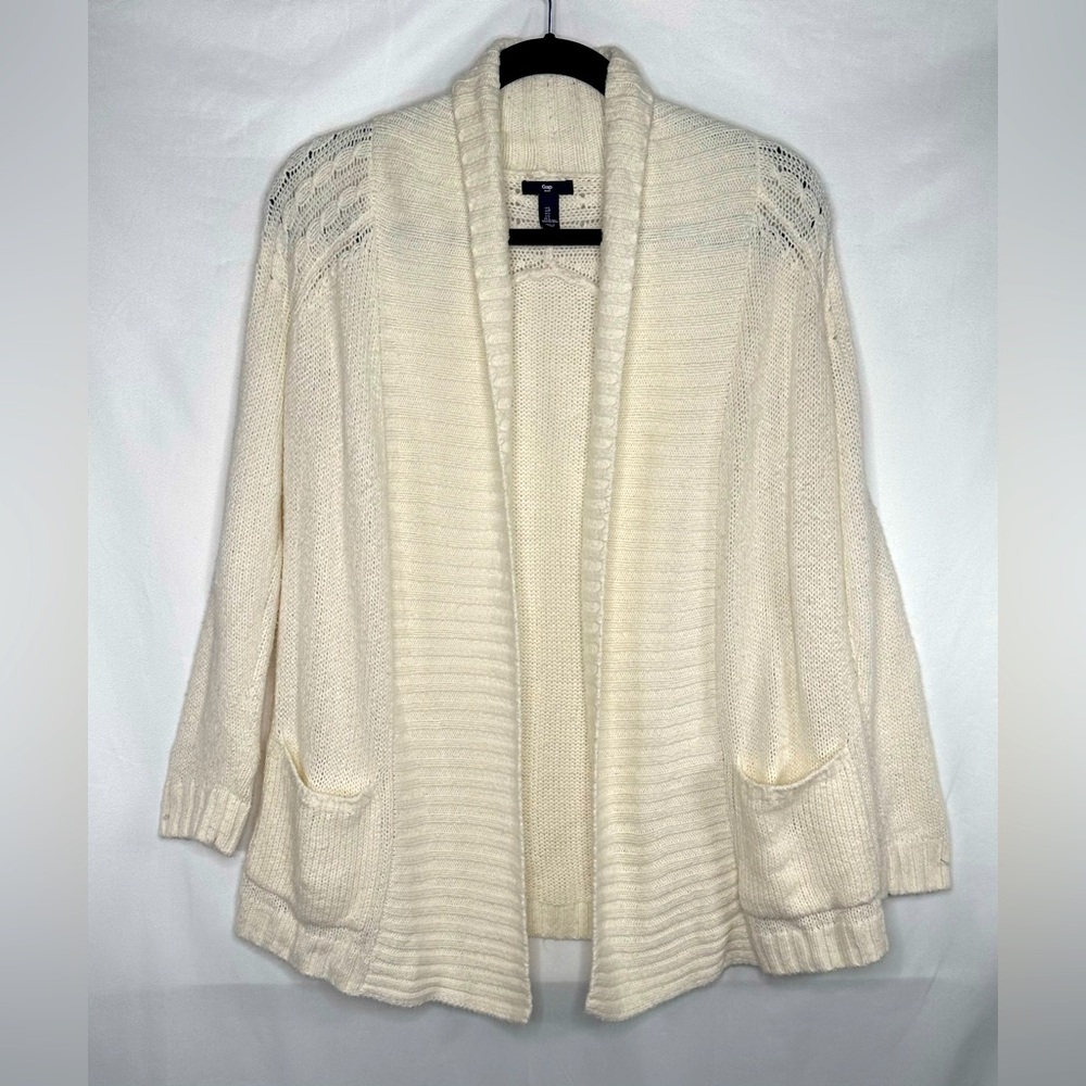 Gap Cream Ivory Chunky‎ Knit Sweater Open Front Pockets Cozy Preppy Sz L